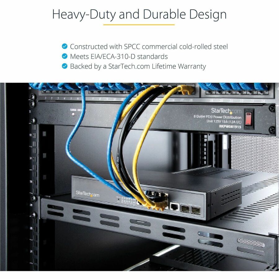 StarTech.com 1U 4-Post 19.5 to 38in Adjustable Mounting Depth Vented Rack Mount Shelf - Heavy Duty Fixed Rack Shelf - 330lbs / 150kg - 27.5in Deep — ADJSHELFHDV