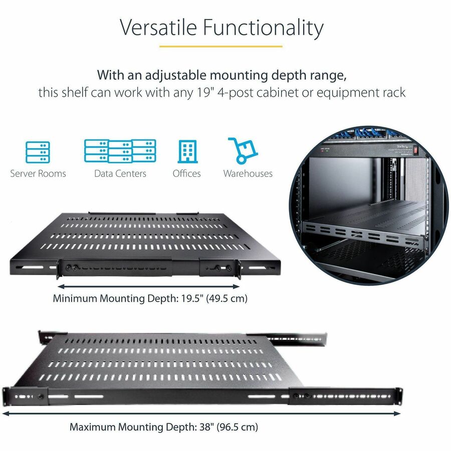 StarTech.com 1U 4-Post 19.5 to 38in Adjustable Mounting Depth Vented Rack Mount Shelf - Heavy Duty Fixed Rack Shelf - 330lbs / 150kg - 27.5in Deep — ADJSHELFHDV
