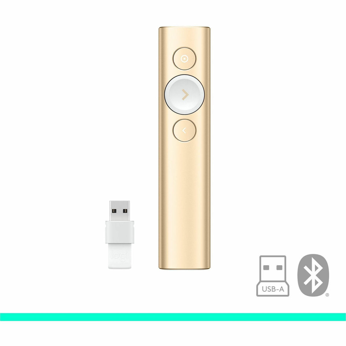 Logitech Spotlight Presentation Remote - Universal Wireless Presentation Clicker with Laser Pointer, Advanced Digital Highlighting, Bluetooth, 30 m Range and Quick Charging, Gold — 910-004860