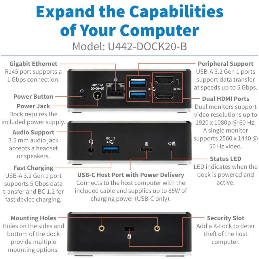 Eaton Tripp Lite Series USB-C Dock, Dual Display - Dual HDMI, USB 3.x (5Gbps) Hub, GbE, 3.5 mm, 85W PD Charging — U442-DOCK20-B