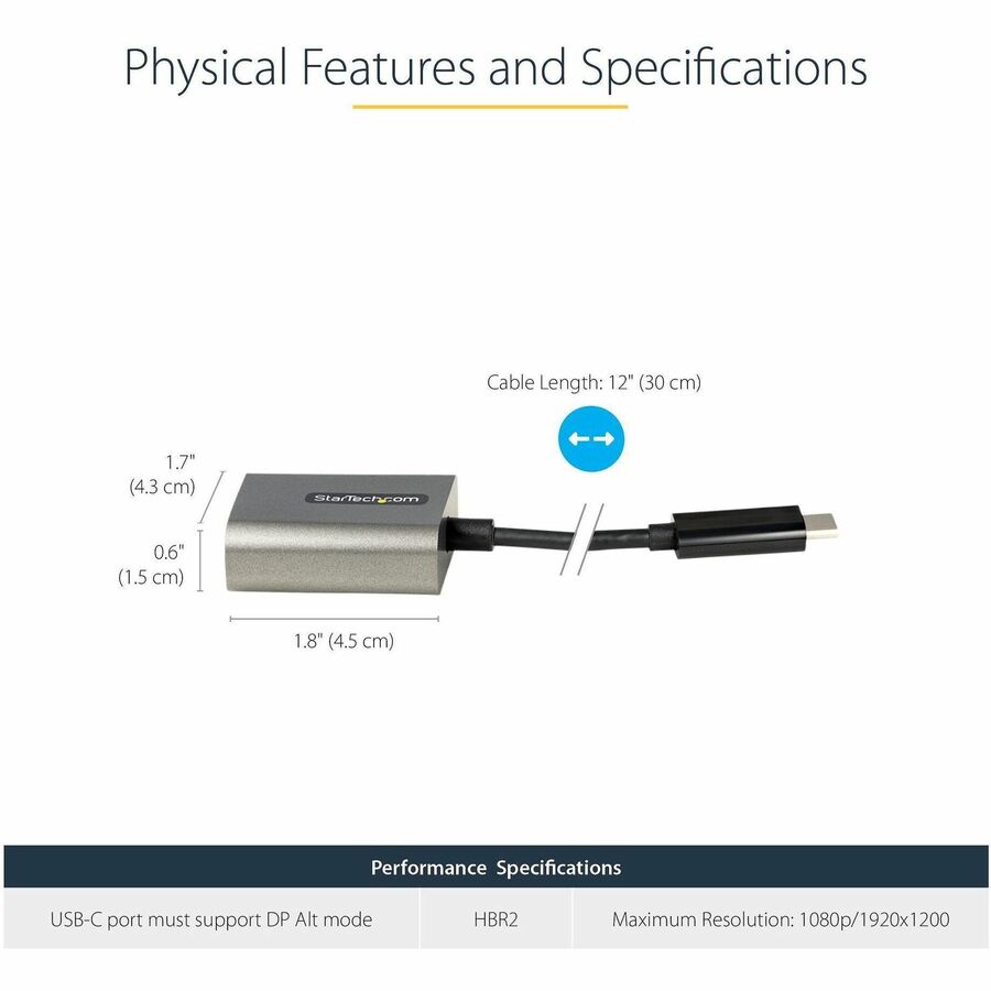 StarTech.com USB C to VGA Adapter, 1080p USB Type-C to VGA Adapter Dongle, USB-C to VGA Monitor/Display Video Converter, 12" Long Cable — CDP2VGAEC