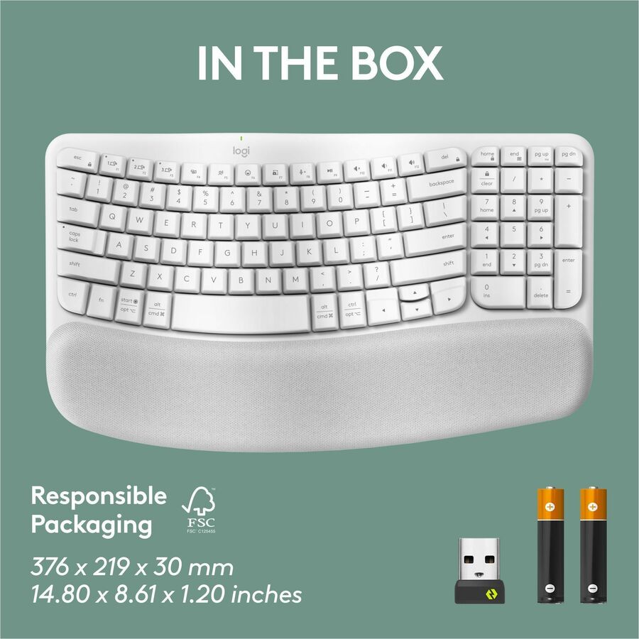 Logitech Wave Keys Wireless Ergonomic Keyboard with Cushioned Palm Rest, Comfortable Natural Typing, Easy-Switch, Off White — 920-012275