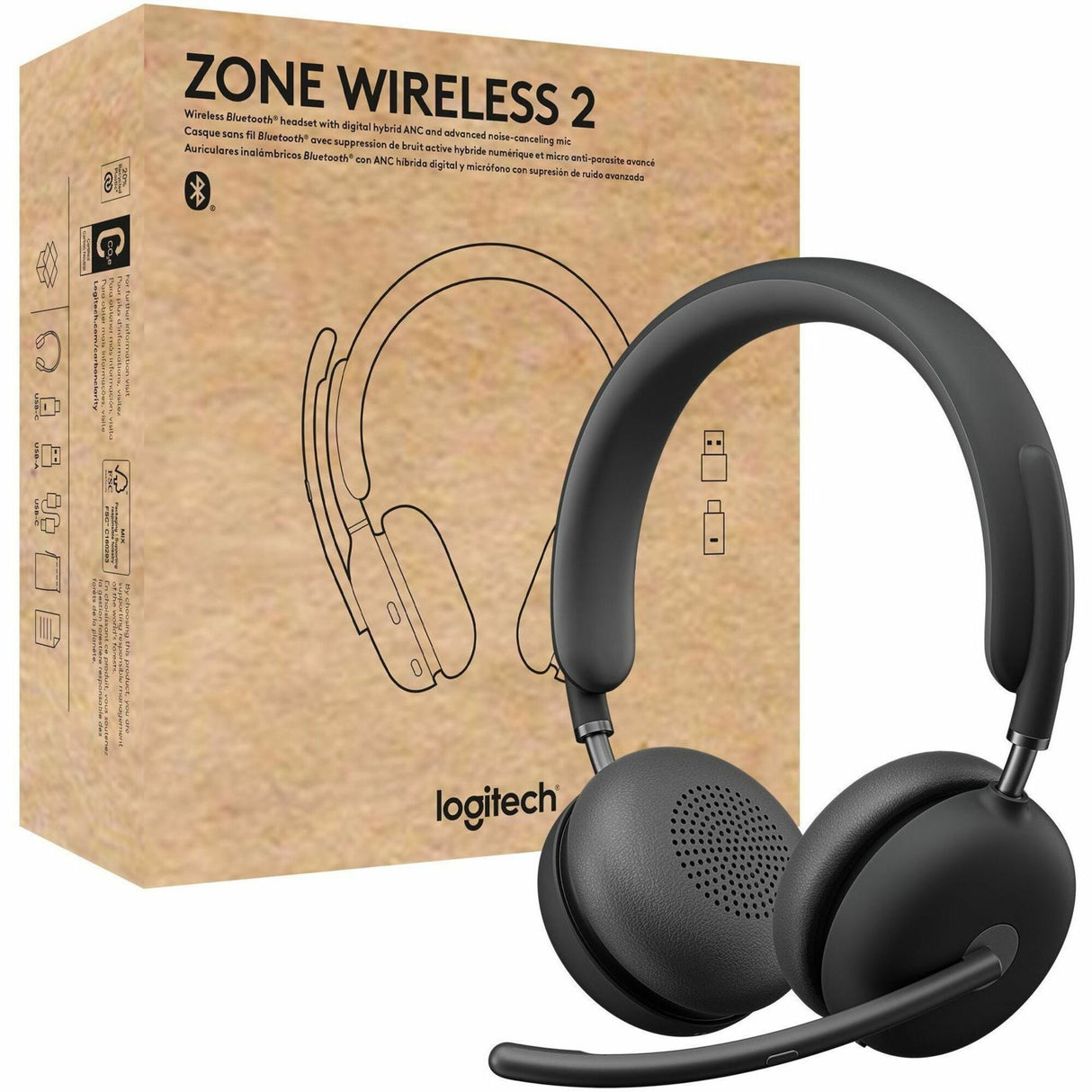 Logitech Zone Wireless 2 Headset, UC, USB-C Receiver with USB-A Adapter — 981-001310
