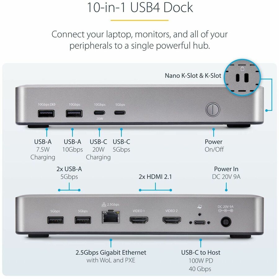 StarTech.com USB4 Docking Station, USB-C 40Gbps, up to Dual 4K 60Hz HDMI, Multi-Monitor Dock, 6-Port USB Hub, 2.5GbE, 100W Power Delivery — 155NA-USB4-DOCK