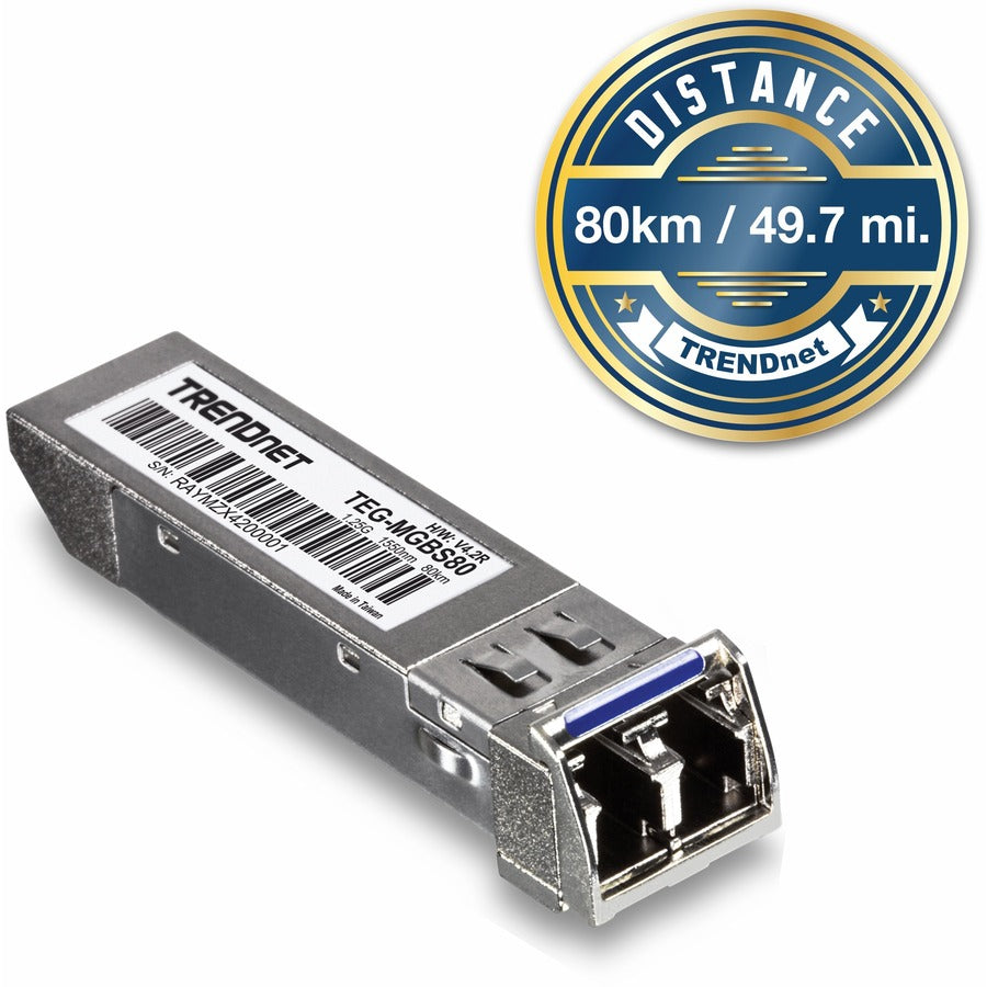 TRENDnet SFP to RJ45 Mini-GBIC Single-Mode LC Module; TEG-MGBS80; Mini-GBIC Module for Single Mode Fiber; LC Connector Type; Up to 80 Km (49.7 Miles); 1.25Gbps Gigabit Ethernet; Lifetime Protection — TEG-MGBS80