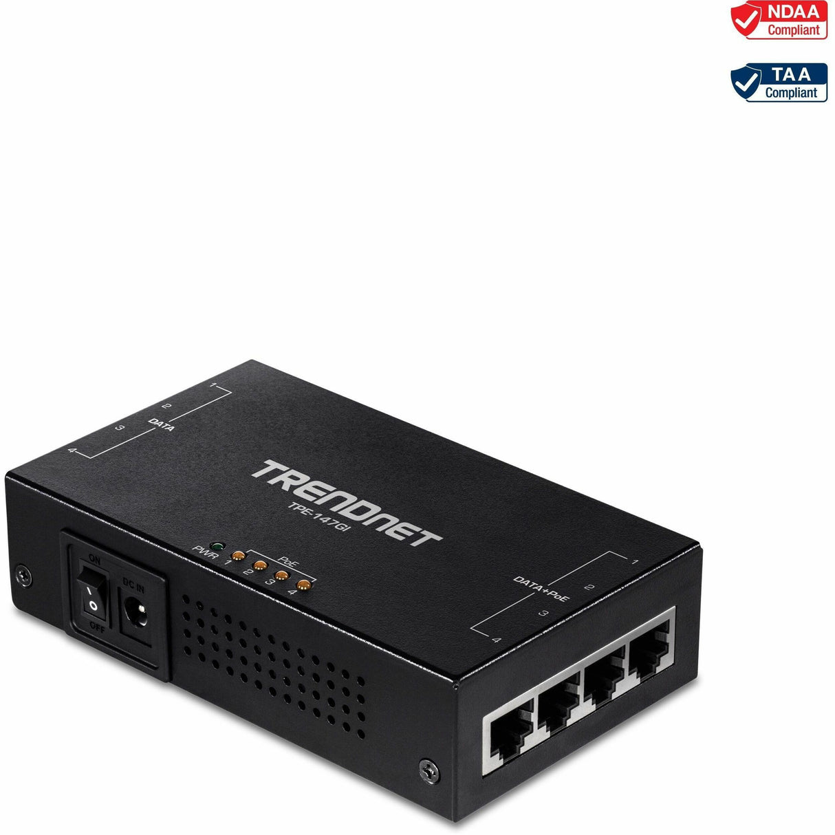 TRENDnet 65W 4-Port Gigabit PoE+ Injector, TPE-147GI, 4 x Gigabit Ports(Data in), 4 x gigabit PoE Ports(Data + PoE Out), Multi-Port PoE+ Injector up to 100m(328 ft.), Add PoE+ Power to Non-PoE Switch — TPE-147GI