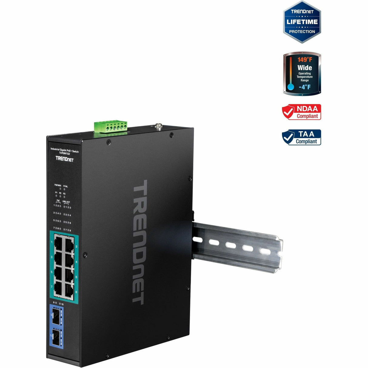 TRENDnet 10-Port Industrial Gigabit PoE+ Switch, WideTemperature Range -20° - 65°C (-4° - 149°F), DIN Rail Switch, 50-55V DC, 8 x Gigabit PoE+ Ports, 2 x Gigabit SFP Slots, TI-PGM102, Black — TI-PGM102