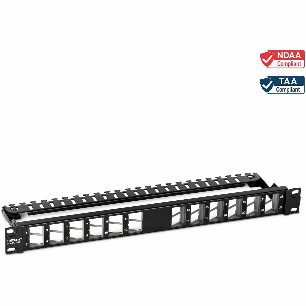 TRENDnet 24-Port Blank Angled Keystone Shielded 1U Patch Panel, TC-KP24SA, STP, Cat6A, Cat5, Cat5e, Cat6, 19" Rackmount Design, Black — TC-KP24SA