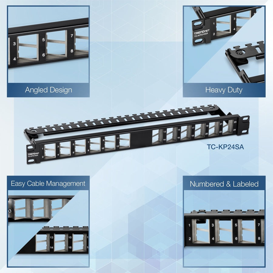 TRENDnet 24-Port Blank Angled Keystone Shielded 1U Patch Panel, TC-KP24SA, STP, Cat6A, Cat5, Cat5e, Cat6, 19" Rackmount Design, Black — TC-KP24SA