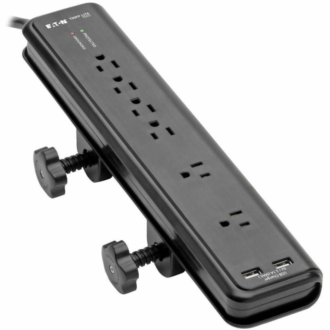 Eaton Tripp Lite Series Protect It! 6-Outlet Clamp-Mount Surge Protector, 6 ft. (1.83 m) Cord, 2100 Joules, 2 x USB Charging ports (2.1A total) — TLP606DMUSB