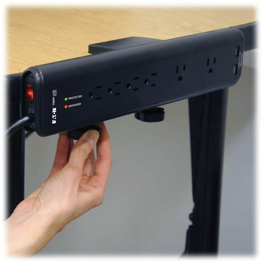 Eaton Tripp Lite Series Protect It! 6-Outlet Clamp-Mount Surge Protector, 6 ft. (1.83 m) Cord, 2100 Joules, 2 x USB Charging ports (2.1A total) — TLP606DMUSB