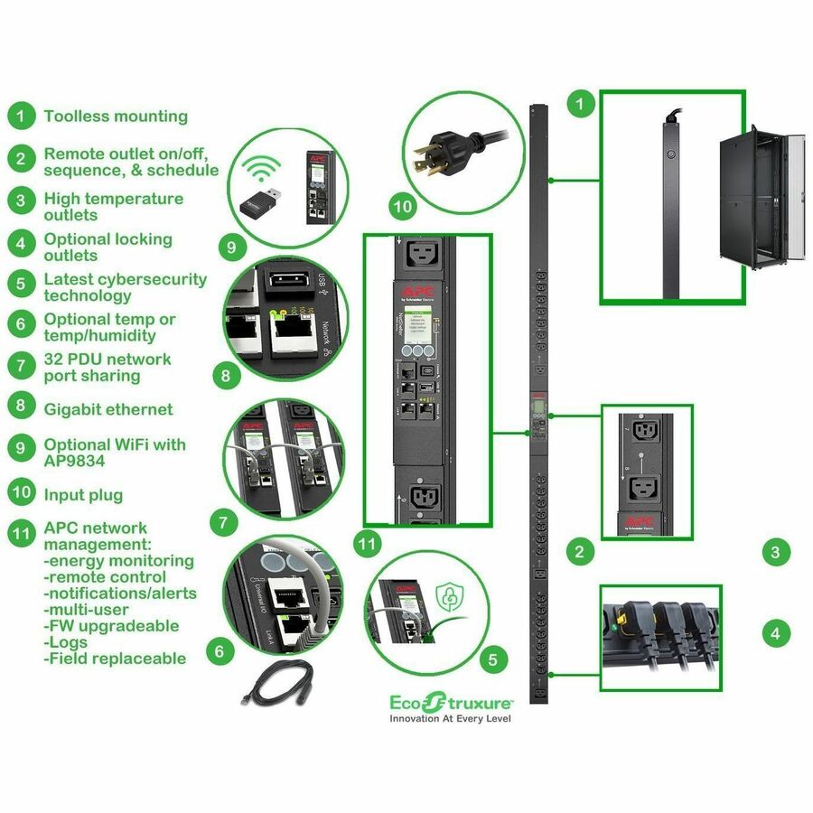 APC Rack PDU 9000 Switched, ZeroU, 20A, 208V, (21) C13/C15 & (3) C19/C21, L620 Cord — APDU9959NA3