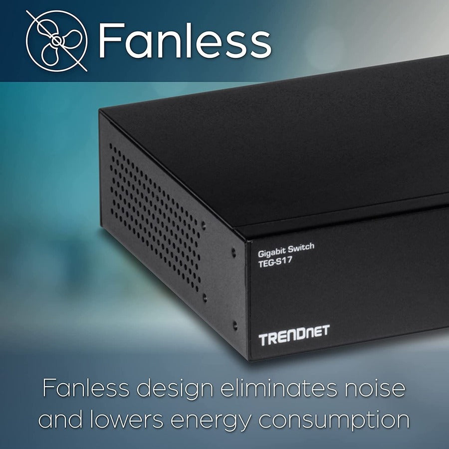 TRENDnet 16-Port Gigabit Switch, TEG-S17, 16 x Gigabit RJ-45 Ports, 32Gbps Switching Capacity, Fanless Design, Metal Enclosure, Internal Power Supply, Lifetime Protection, Black — TEG-S17