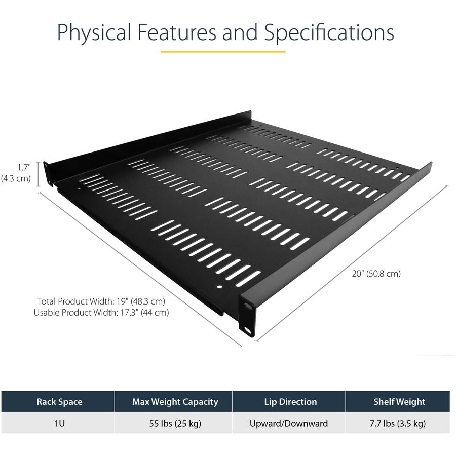 StarTech.com 1U Vented Server Rack Cabinet Shelf - Fixed 20" Deep Cantilever Rackmount Tray for 19" Data/AV/Network Enclosure w/Cage Nuts — SHELF-1U-20-FIXED-V