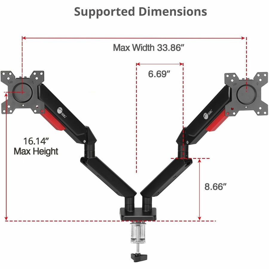 SIIG Dual Monitor Gas Spring Arm Desk Mount - 13" to 32" - Max Load 22 lbs - VESA 75/100mm — CE-MT3Y11-S1
