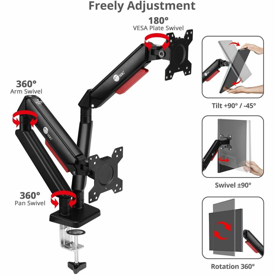 SIIG Dual Monitor Gas Spring Arm Desk Mount - 13" to 32" - Max Load 22 lbs - VESA 75/100mm — CE-MT3Y11-S1