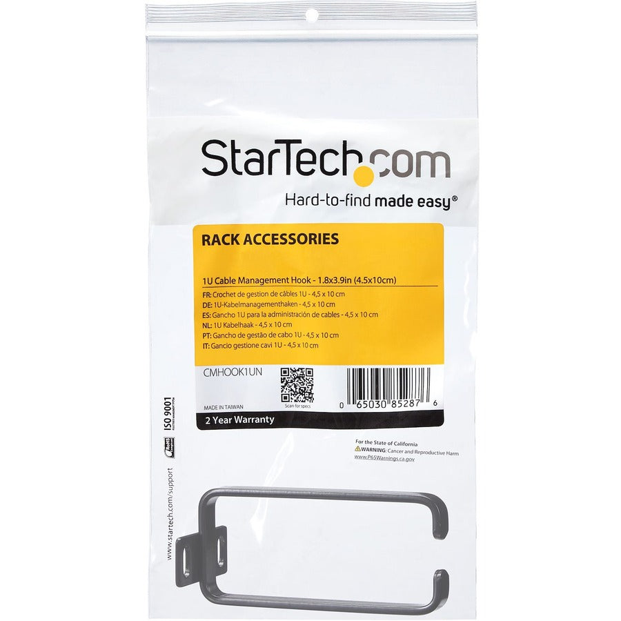 StarTech.com 1U Vertical Server Rack Cable Management D-Ring Hook - 1.8x3.9in (4.5x10cm) — CMHOOK1UN