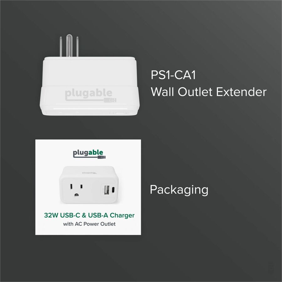 Plugable Wall Outlet Extender with 1x USB-C and 1x USB, 32W USB C Charger Block — PS1-CA1
