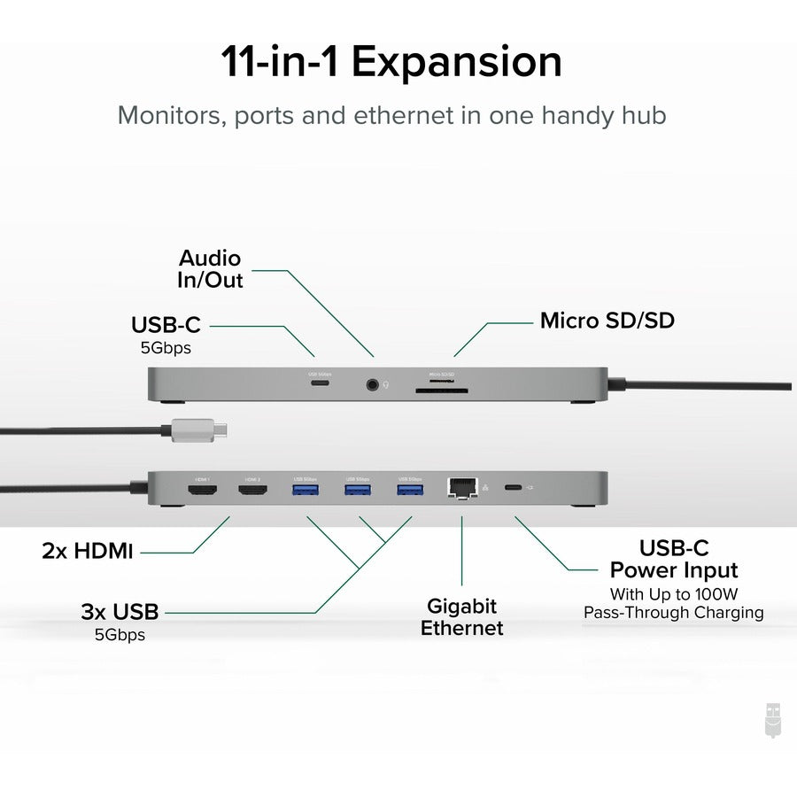 Plugable 11-in-1 USB-C Hub 100W USB-C Pass-through, Laptop Docking Station Dual Monitor with 4K 60Hz HDMI — USBC-11IN1E