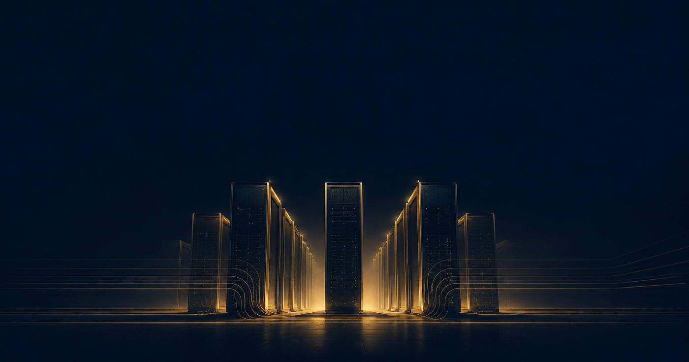 Open Graph social card showing an abstract architectural rendering of enterprise data center geometry in deep navy with a warm gold rim accent.