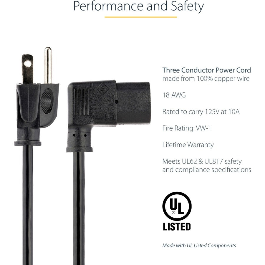 StarTech.com 6ft (1.8m) Computer Power Cord, NEMA 5-15P to Right Angle C13, 10A 125V, 18AWG, Replacement AC Power Cord, Monitor Power Cable — PXT101L