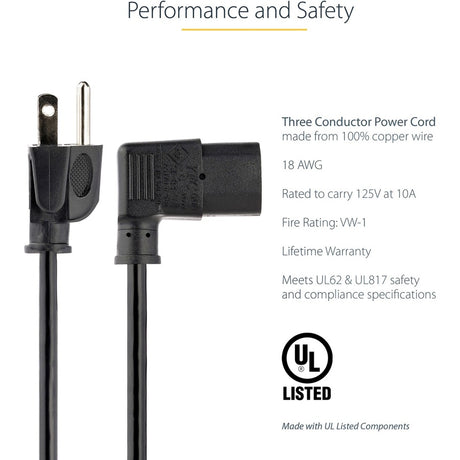 StarTech.com 6ft (1.8m) Computer Power Cord, NEMA 5-15P to Right Angle C13, 10A 125V, 18AWG, Replacement AC Power Cord, Monitor Power Cable — PXT101L