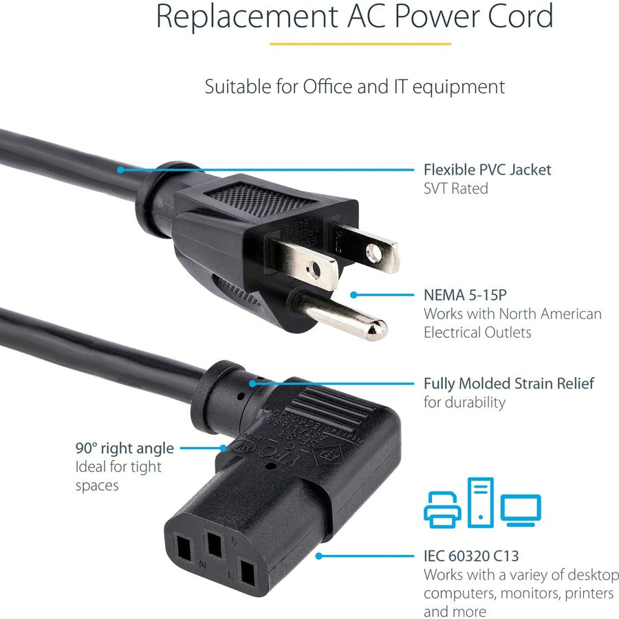 StarTech.com 6ft (1.8m) Computer Power Cord, NEMA 5-15P to Right Angle C13, 10A 125V, 18AWG, Replacement AC Power Cord, Monitor Power Cable — PXT101L