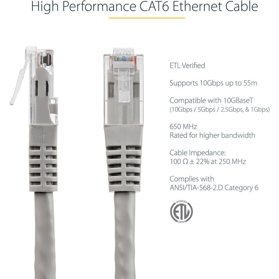 StarTech.com 10ft CAT6 Ethernet Cable - Gray Molded Gigabit - 100W PoE UTP 650MHz - Category 6 Patch Cord UL Certified Wiring/TIA — C6PATCH10GR