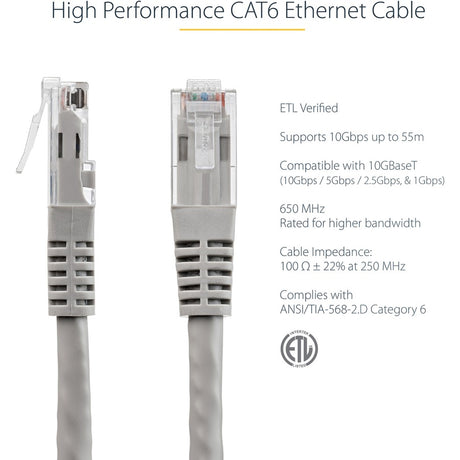 StarTech.com 10ft CAT6 Ethernet Cable - Gray Molded Gigabit - 100W PoE UTP 650MHz - Category 6 Patch Cord UL Certified Wiring/TIA — C6PATCH10GR
