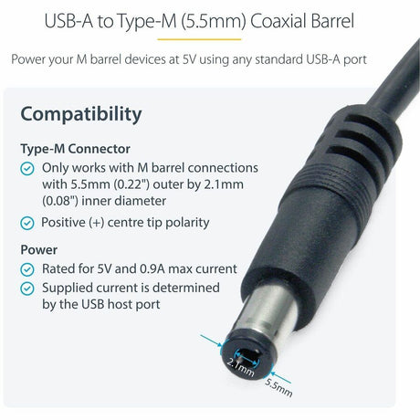 StarTech.com 3 ft USB to Type M Barrel 5V DC Power Cable — USB2TYPEM