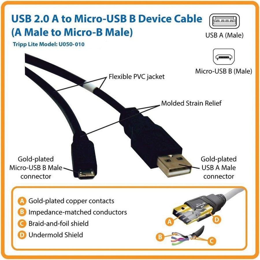 Eaton Tripp Lite Series USB 2.0 A to Micro-B Cable (M/M), 10 ft. (3.05 m) — U050-010