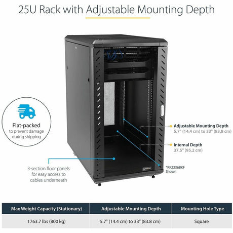 StarTech.com 4-Post 25U Server Rack Cabinet, 19" Data Rack Cabinet for Computer / IT Equipment, Home Network Rack, Half Height Server Rack — RK2536BKF