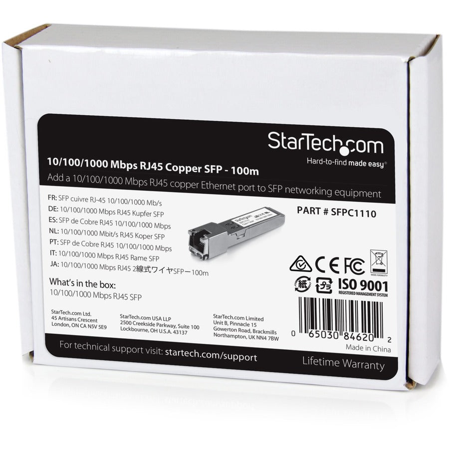 StarTech.com Cisco SFP-GE-T Compatible SFP Module - 1000BASE-T - 10/100/1000 Mbps SFP to RJ45 Cat6/Cat5e Transceiver - 100m — SFPC1110