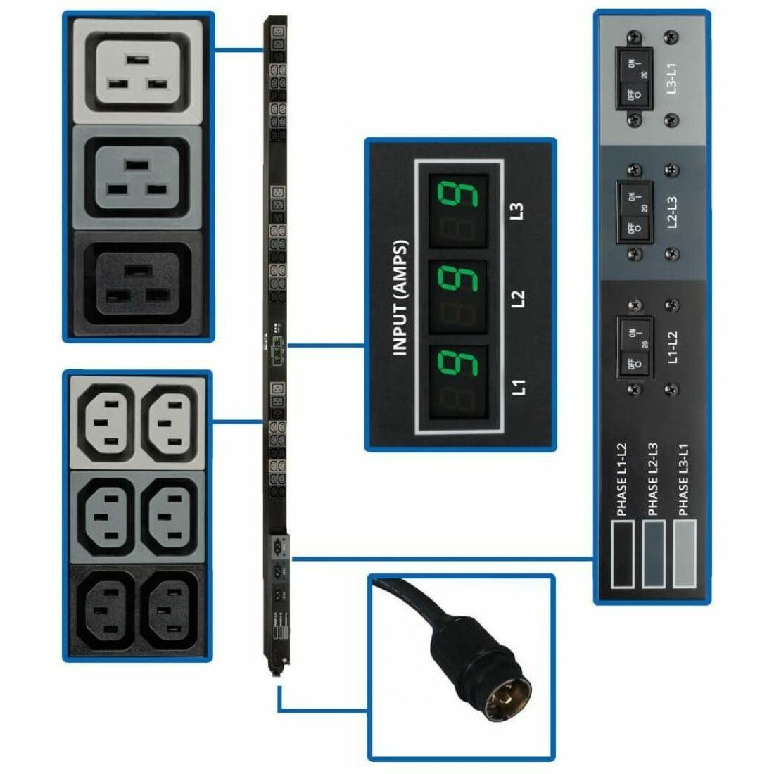 Tripp Lite by Eaton PDU 12.6kW 3-Phase Local Metered PDU 208V Outlets (36 C13 & 9 C19) Hubbell 50A CS8365C 6 ft. (1.83 m) Cord 0U Vertical TAA — PDU3MV6H50