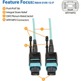 Eaton Tripp Lite Series MTP/MPO Patch Cable with Push/Pull Tabs, 12 Fiber, 40GbE, 40GBASE-SR4, OM3 Plenum-Rated - Aqua, 1M (3 ft.) — N844-01M-12-P