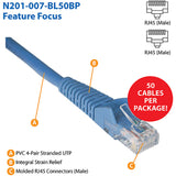 Eaton Tripp Lite Series Cat6 Gigabit Snagless Molded (UTP) Ethernet Cable (RJ45 M/M), PoE, Blue, 7 ft. (2.13 m), 50-Piece Bulk Pack — N201-007-BL50BP
