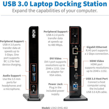 Eaton Tripp Lite Series USB 3.x (5Gbps) Laptop Dock - HDMI, DVI Video, Audio, USB, Ethernet — U342-DHG-402