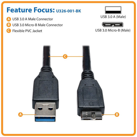 Eaton Tripp Lite Series USB 3.0 SuperSpeed Device Cable (A to Micro-B M/M) Black, 1 ft. (0.31 m) — U326-001-BK