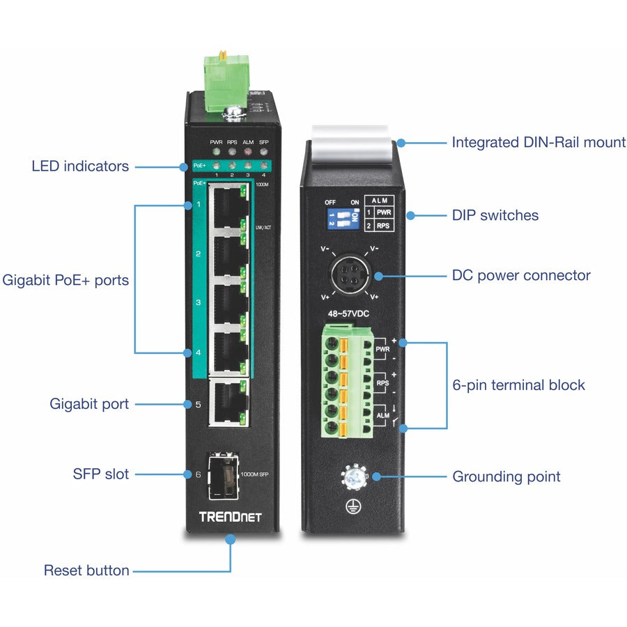 TRENDnet 5-Port Hardened Industrial Gigabit PoE+ DIN-Rail Switch, 120W Power Budget, 1 x SFP Slot, IP30 Rated, Unmanaged Switch, Gigabit PoE+ Network Switch, Lifetime Protection, Black, TI-PG541