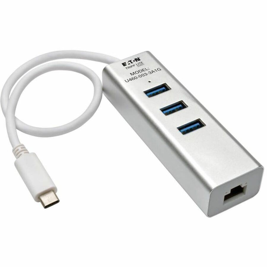 Eaton Tripp Lite Series 3-Port USB 3.x (5Gbps) Hub with LAN Port, USB-C to 3x USB-A Ports and Gigabit Ethernet, Silver — U460-003-3A1G