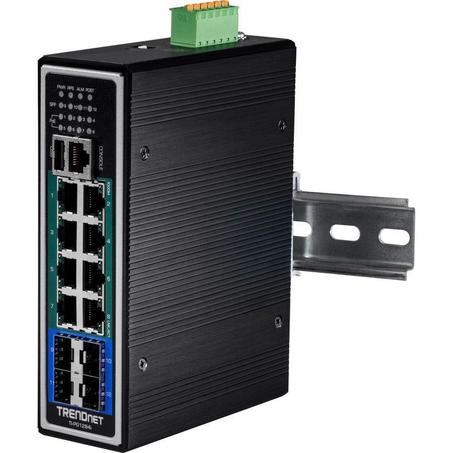 TRENDnet 12-Port Hardened Industrial Gigabit PoE+ Layer 2+ Managed DIN-Rail Switch, TI-PG1284i, 240W Power Budget, IP30 Rated, Ethernet Splitter, NDAA & TAA Compliant, Lifetime Protection, Black