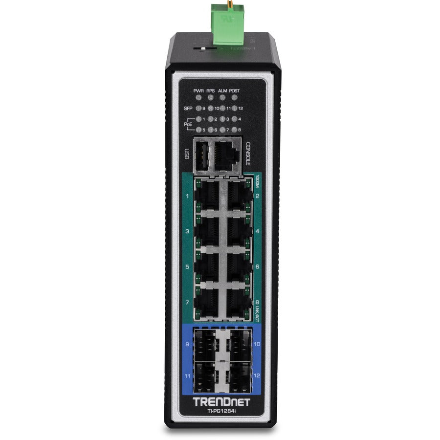 TRENDnet 12-Port Hardened Industrial Gigabit PoE+ Layer 2+ Managed DIN-Rail Switch, TI-PG1284i, 240W Power Budget, IP30 Rated, Ethernet Splitter, NDAA & TAA Compliant, Lifetime Protection, Black