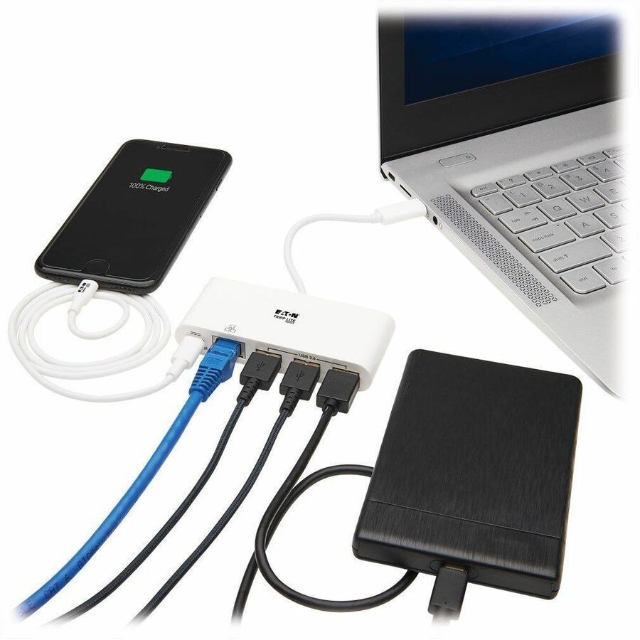 Eaton Tripp Lite Series 3-Port USB-C Hub - USB 3.x (5Gpbs) Hub Ports, Gigabit Ethernet, 60W PD Charging, White — U460-003-3AG-C