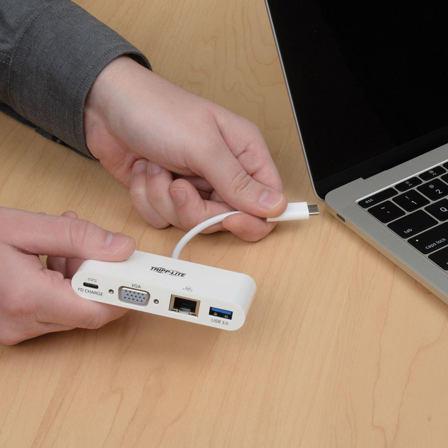 Eaton Tripp Lite Series USB-C Multiport Adapter, VGA, USB 3.x (5Gbps) Hub Port, Gigabit Ethernet and 60W PD Charging, White — U444-06N-VGU-C
