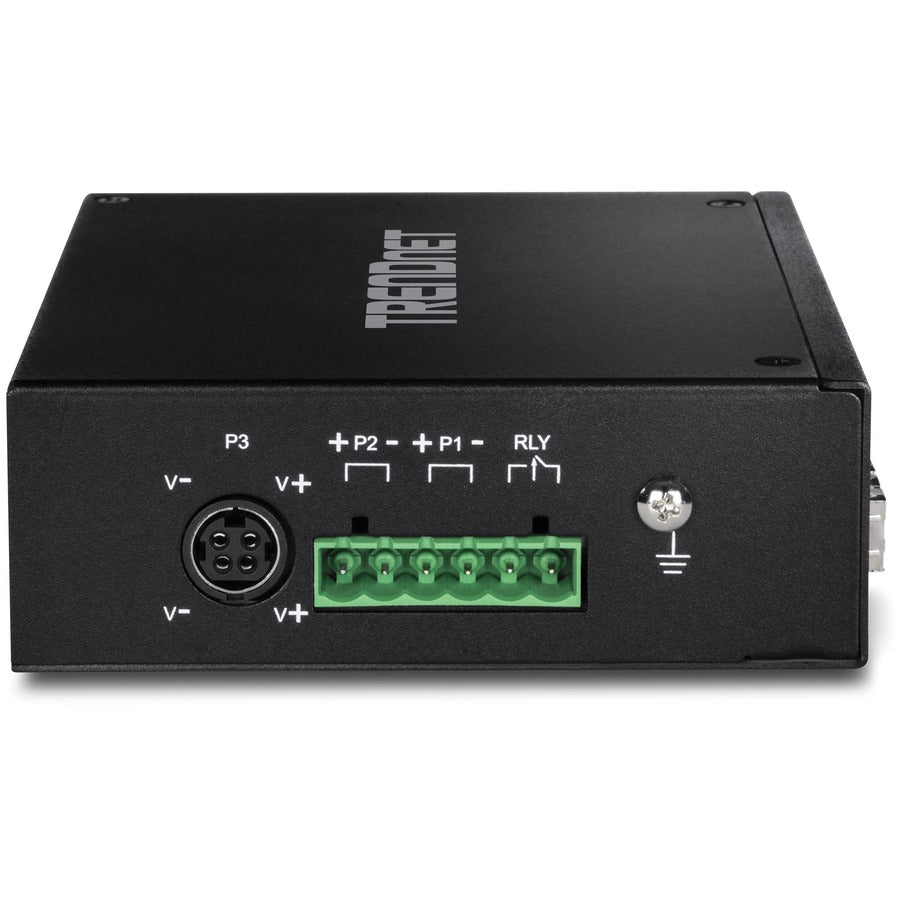 TRENDnet 6-Port Hardened Industrial Gigabit PoE+ DIN-Rail Switch, 4 x Gigabit PoE+ Ports, Shared Gigabit Port (RJ-45/SFP), Dedicated SFP, 120W Power Budget, IP30, Lifetime Protection, Black, TI-PG62