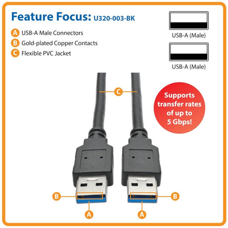 Eaton Tripp Lite Series USB 3.0 SuperSpeed A/A Cable (M/M), Black, 3 ft. (0.91 m) — U320-003-BK