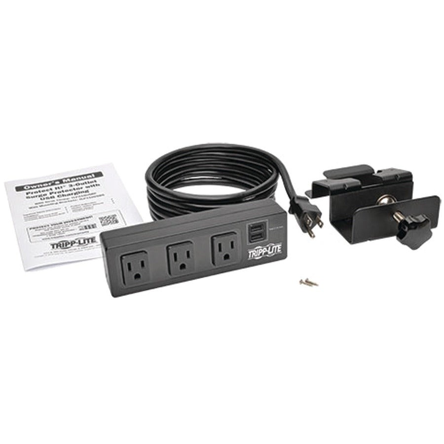 Tripp Lite by Eaton Protect It! 3-Outlet Surge Protector with Desk Clamp, 10 ft. Cord, 510 Joules, 2 USB Charging Ports, Black Housing — TLP310USBC