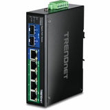 TRENDnet 6-Port Hardened Industrial Unmanaged Gigabit 10/100/1000Mbps DIN-Rail Switch, 4 x Gigabit PoE+ Ports, 2 x Dedicated SFP Slots, Lifetime Protection, Black, TI-PG62B
