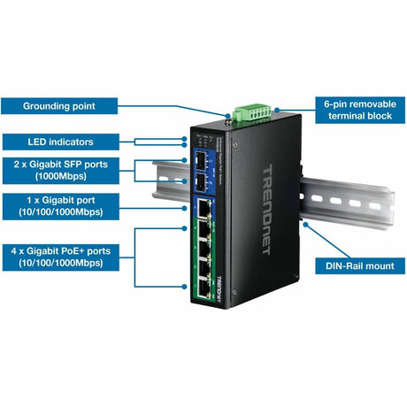 TRENDnet 6-Port Hardened Industrial Unmanaged Gigabit 10/100/1000Mbps DIN-Rail Switch, 4 x Gigabit PoE+ Ports, 2 x Dedicated SFP Slots, Lifetime Protection, Black, TI-PG62B