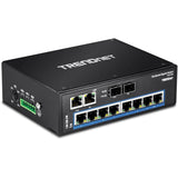TRENDnet 10-Port Hardened Industrial Gigabit DIN-Rail Switch, 20Gbps Switching Capacity, DIN-Rail And Wall Mounts Included, Dual Redundant, Two RJ-45/SFP Ports, Lifetime Protection, Black, TI-G102